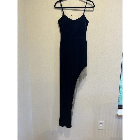 City Studio Velvet Fringe Detail Side Slit Long Mob Wife Whimsy Goth Dress 1 - Picture 3 of 14